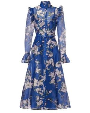 Leo Katrina Floral Linen-Blend Midi Dress - Blue