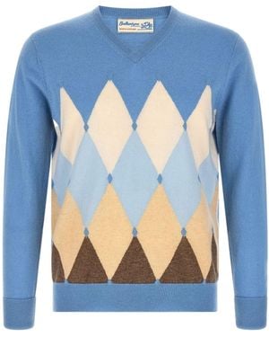 Ballantyne Diamond Intarsia V-Neck Sweater - Blue