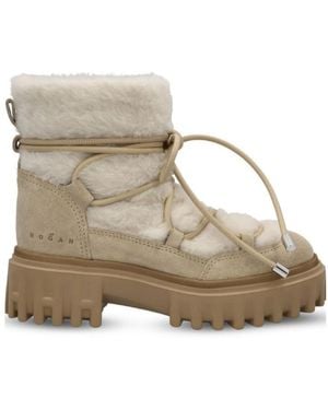 Hogan Lace-Up Shearling-Trim Boots - Natural
