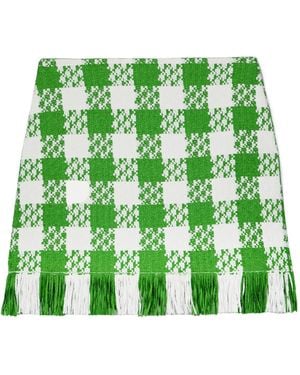 Oscar de la Renta Fringed Checked Cotton-Blend Tweed Mini Skirt - Green