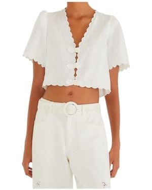 FARM Rio Off- Roses Scallop Artisanal Top - White