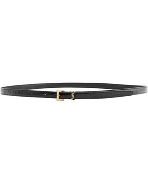 Saint Laurent Cassandre Extra Thin Crocodile-Effect Leather Belt - White