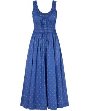 Doen Emmaretta Shirred Floral-Print Cotton Midi Dress - Blue
