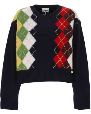 Ganni Wool Blend Diamond Pattern Knit Jumper - Blue