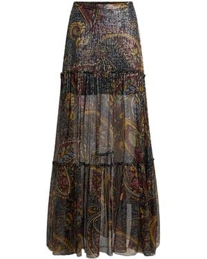 Etro Silk Maxi Skirt With Striped Floral Paisley Motif - Brown