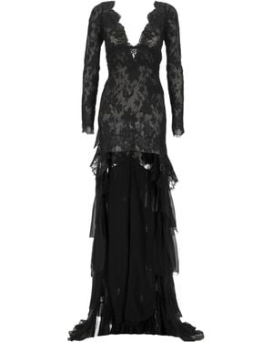 Saint Laurent Ruffled V-Neck Laced Dress - Black