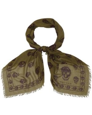 McQueen Classic Skull Printed Frayed-Edeg Scarf - Green