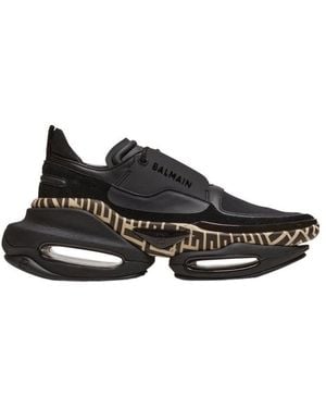 Balmain Leather And Suede B-Bold Low-Top Trainers With Monogram Print - Black