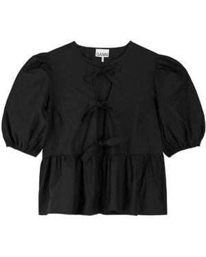 Ganni Tie-Front Cotton-Poplin Blouse - Black