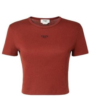 Fendi Logo Embroidered Crewneck Cropped T-Shirt