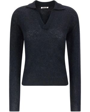 AURALEE Long-Sleeved Knit Polo Shirt - Blue