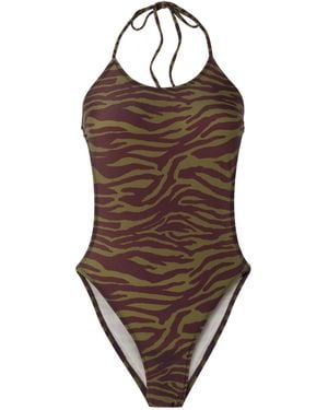 The Attico Zebra-Print Halterneck Swimsuit - Brown