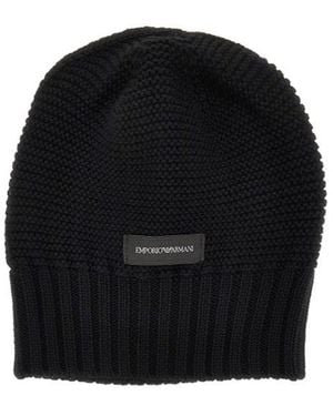 Emporio Armani Logo-Patch Chunky-Knit Beanie Hat - Black