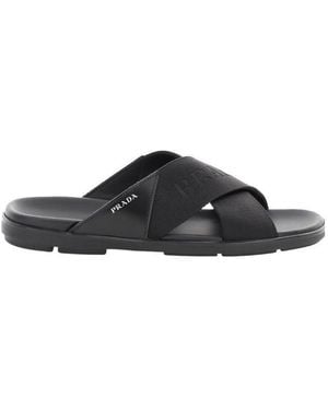 Prada Brushed Leather And Nylon Tape Crisscross Slides - Brown