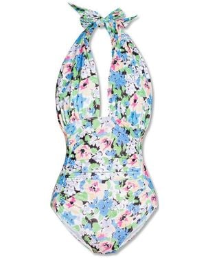 Ganni Floral Printed Halterneck Swimsuit - Blue