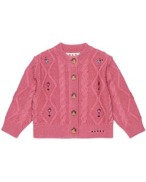 Marni Cable-Knit Floral-Embroidered Cardigan - Pink