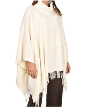Gran Sasso Fringed Roll-Neck Poncho - Natural