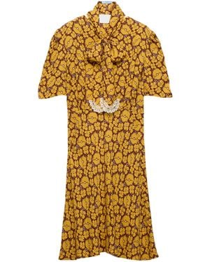 Prada Embroidered Floral Print Sablé Dress - Yellow