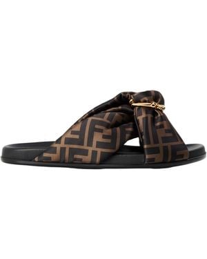 Fendi Logo Satin Slippers - Brown