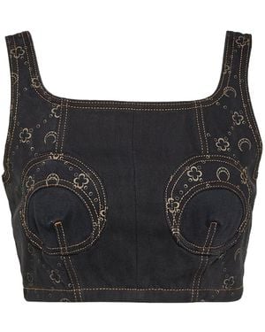 Marine Serre Short Denim Tight Vest With Side Zipper - Black