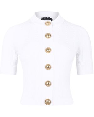 Balmain Ribbed Buttoned Top - White