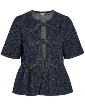 Ganni Tweed-Effect Peplum Denim Blouse - Blue