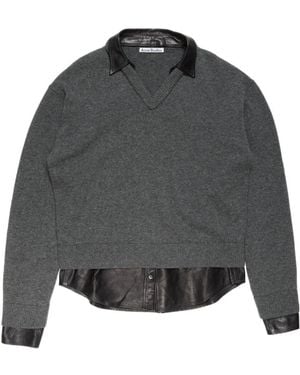 Acne Studios Leather-Trim V-Neck Jumper - Grey