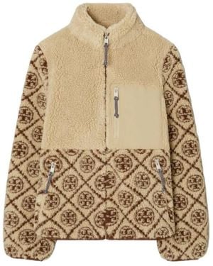 Tory Burch T Letter Combination Fleece Jacket - Natural