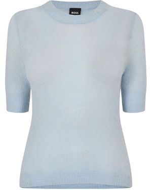 BOSS Fitted Crewneck Midsleeve Knit Top - Blue