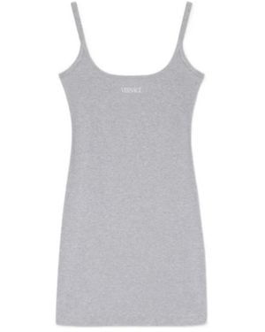 Versace Logo Embroidered Ribbed Mini Dress - Grey