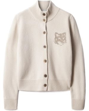 Maison Kitsuné Fox Head Intarsia Merino High Neck Cardigan - Natural