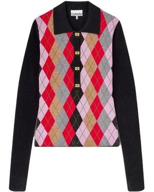 Ganni Fine Merino Harlequin Polo - Red