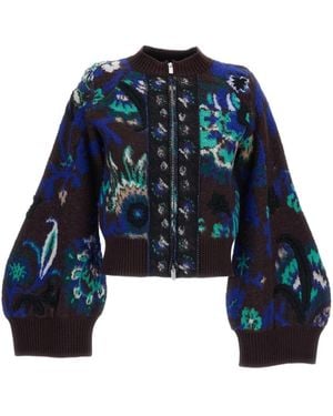Sacai Floral-Print Embroidered Jacket - Blue