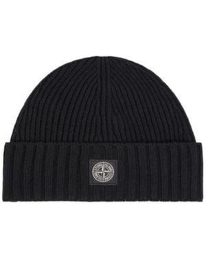 Stone Island Junior Logo Patch Ribbed Beanie - Black