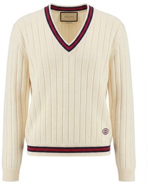 Gucci Cotton Knit V-Neck Jumper With Web - White