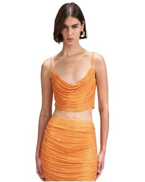 Self-Portrait Rhinestone Mesh Top - Orange