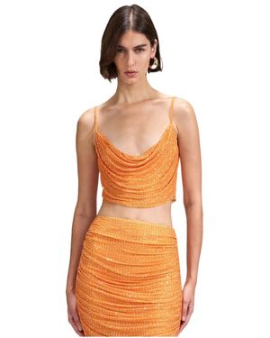 Self-Portrait Rhinestone Mesh Top - Orange
