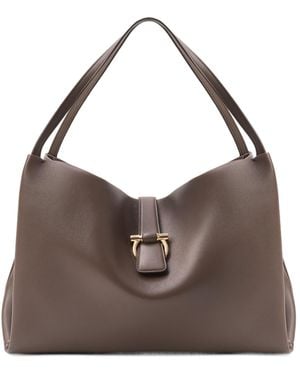 Ferragamo Large Mia Gancini-Plaque Leather Tote Bag - Brown