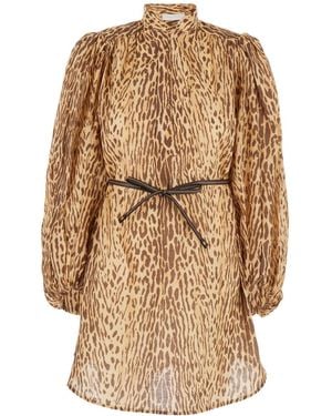 Zimmermann 'Cascadian' Tunic Dress With Stand-Up Collar And All-Over Leopard Print - Natural