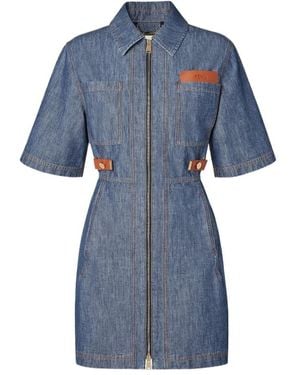 Fendi Logo Detailed Denim Chambray Dress - Blue