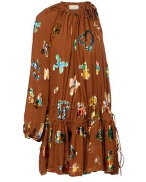 ALÉMAIS Embroidered Silk-Blend Mini Dress - Brown