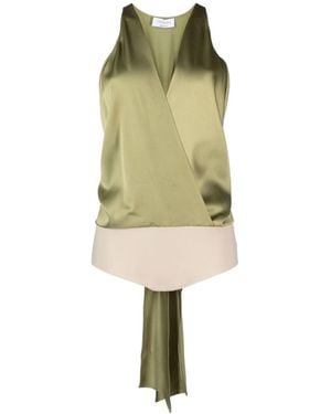 Blumarine Plunging V-Neck Open Back Satin Bodysuit - Green