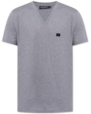 Dolce & Gabbana Logo Plaque V-Neck T-Shirt - Grey