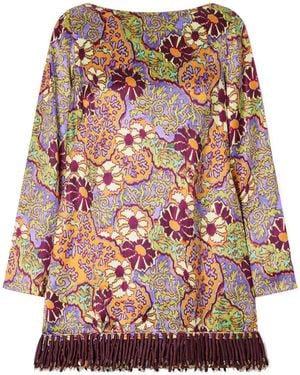 ALÉMAIS Floral-Print Fringed Satin Mini Dress - Red