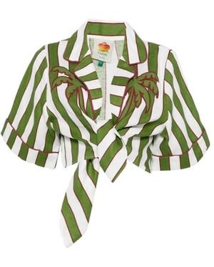 FARM Rio Striped Short-Sleeve Cropped Blouse - Green