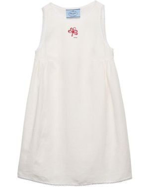 Prada Embroidered Slubbed Canvas Mini-Dress - White