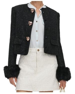 Self-Portrait Metallic Boucle Fur Cuff Jacket - Black
