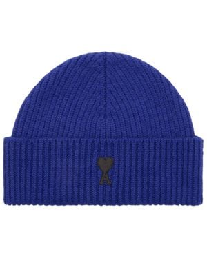 Ami Paris Ami Ami De Coeur Ribbed Beanie Hat - Blue