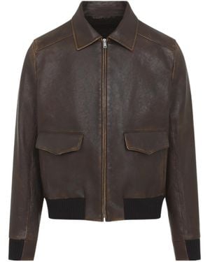 Prada Collared Long-Sleeved Leather Jacket - Gray