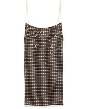 Prada Embellished Checked Georgette Mini-Dress - Brown